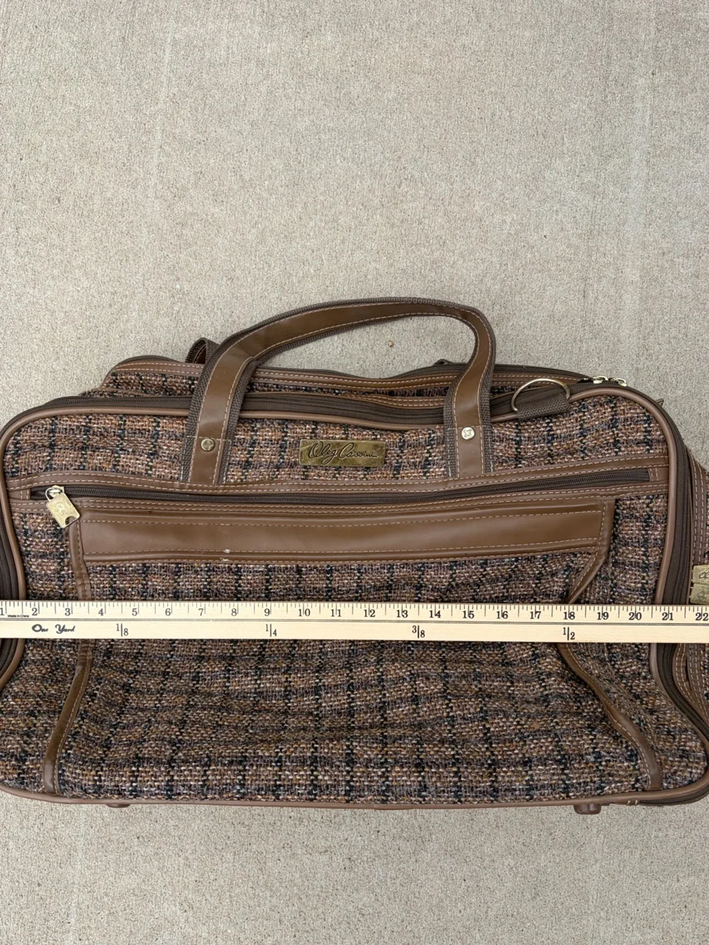 Vintage Oleg Cassini Tweed Travel Bag Suitcase Brown Weekender Shoulder Strap